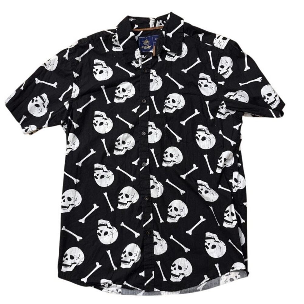Skulls Bones Rugby University black button up shirt size Large